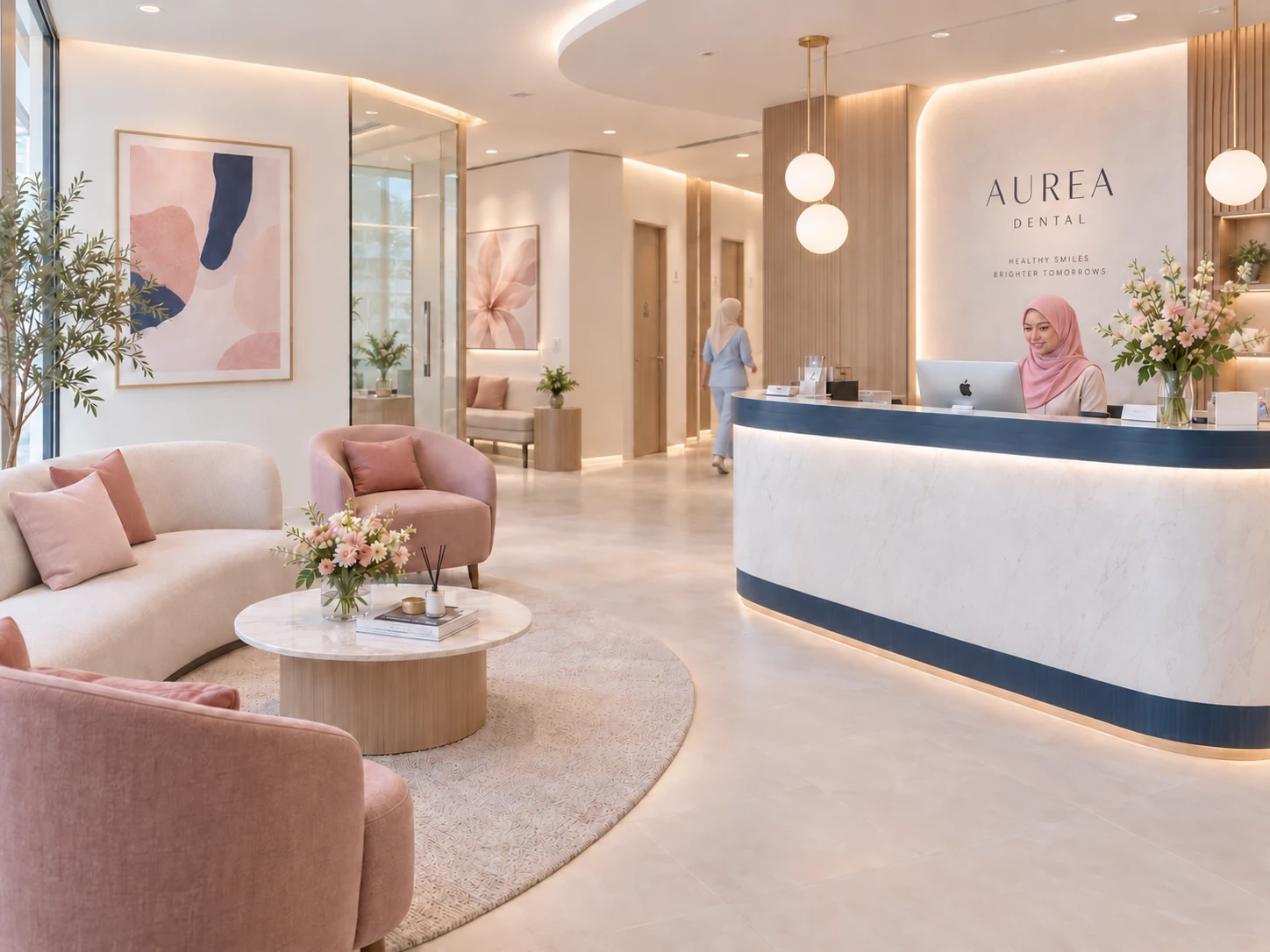 Ruang sambutan Aurea Dental yang moden