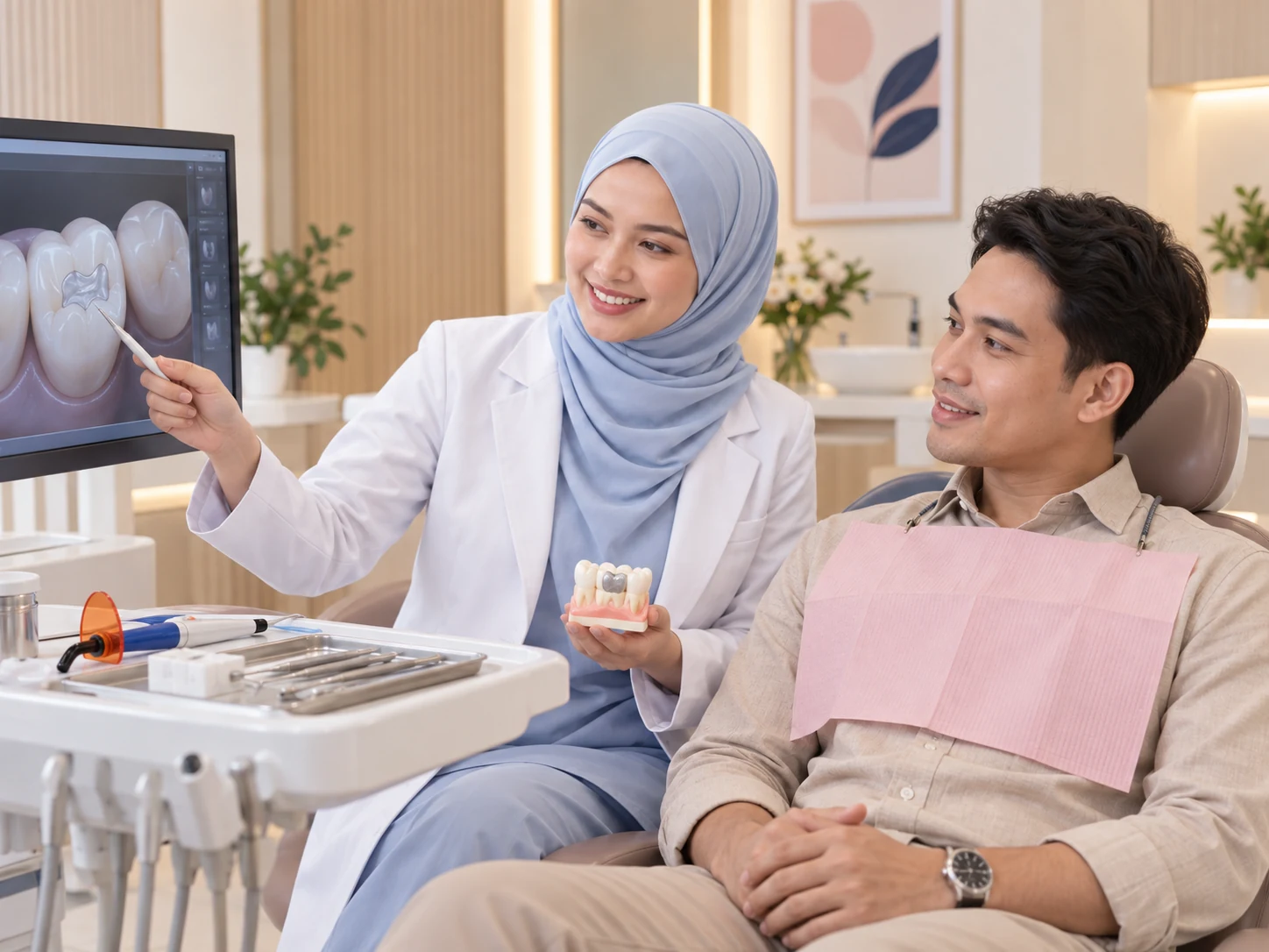 Doktor menerangkan pilihan tampalan gigi
