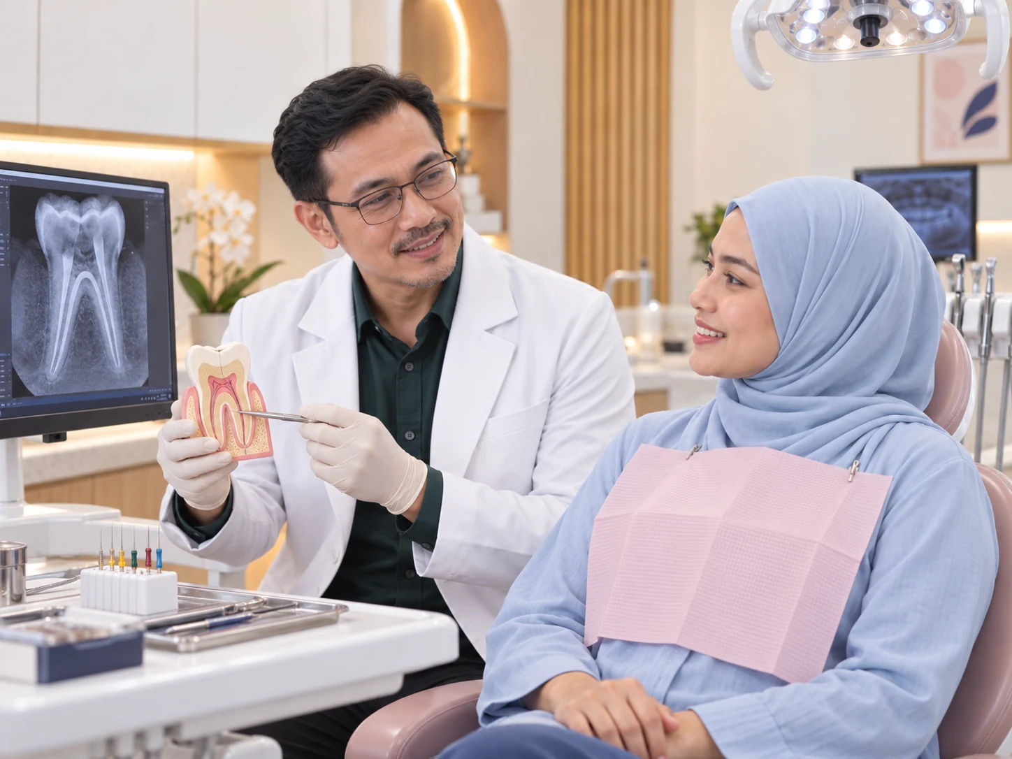 Doktor menerangkan rawatan akar menggunakan model gigi